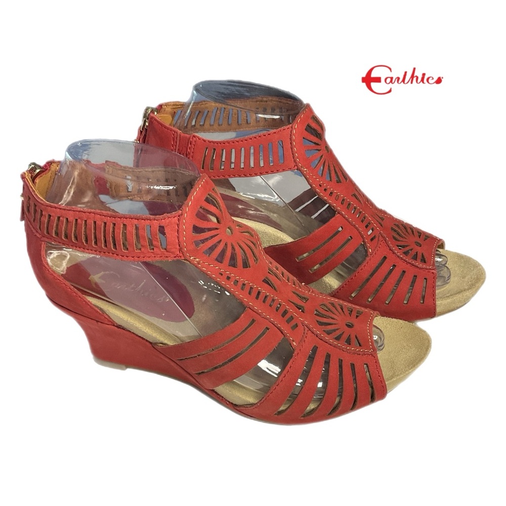 Earthies Carmona 8 Wedge Jazzy Red Leather Cutout Sandals Anatomic